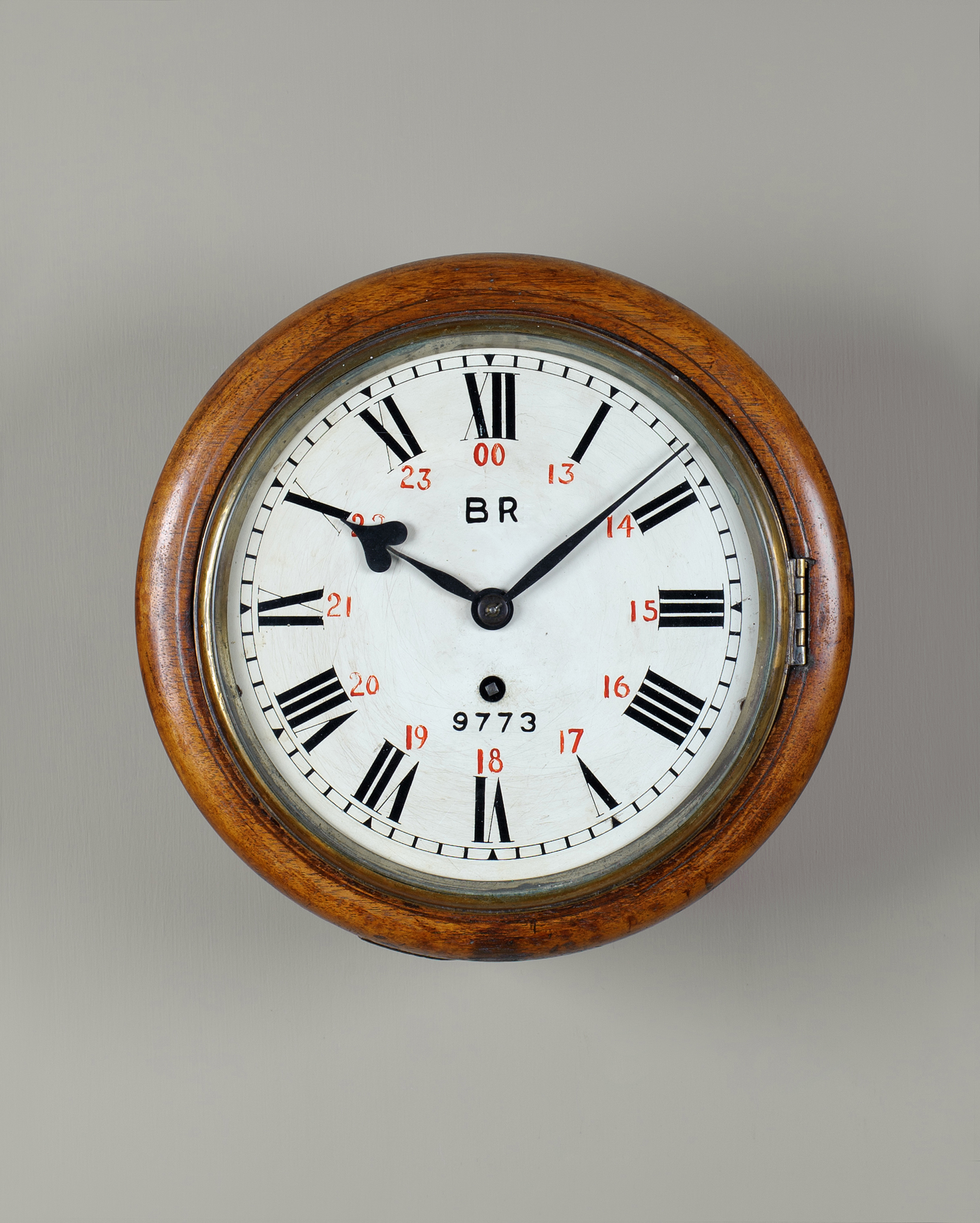 BR 9773 Mahogany 8" railway clock. W.F.Bruce Antique Clocks Lewes